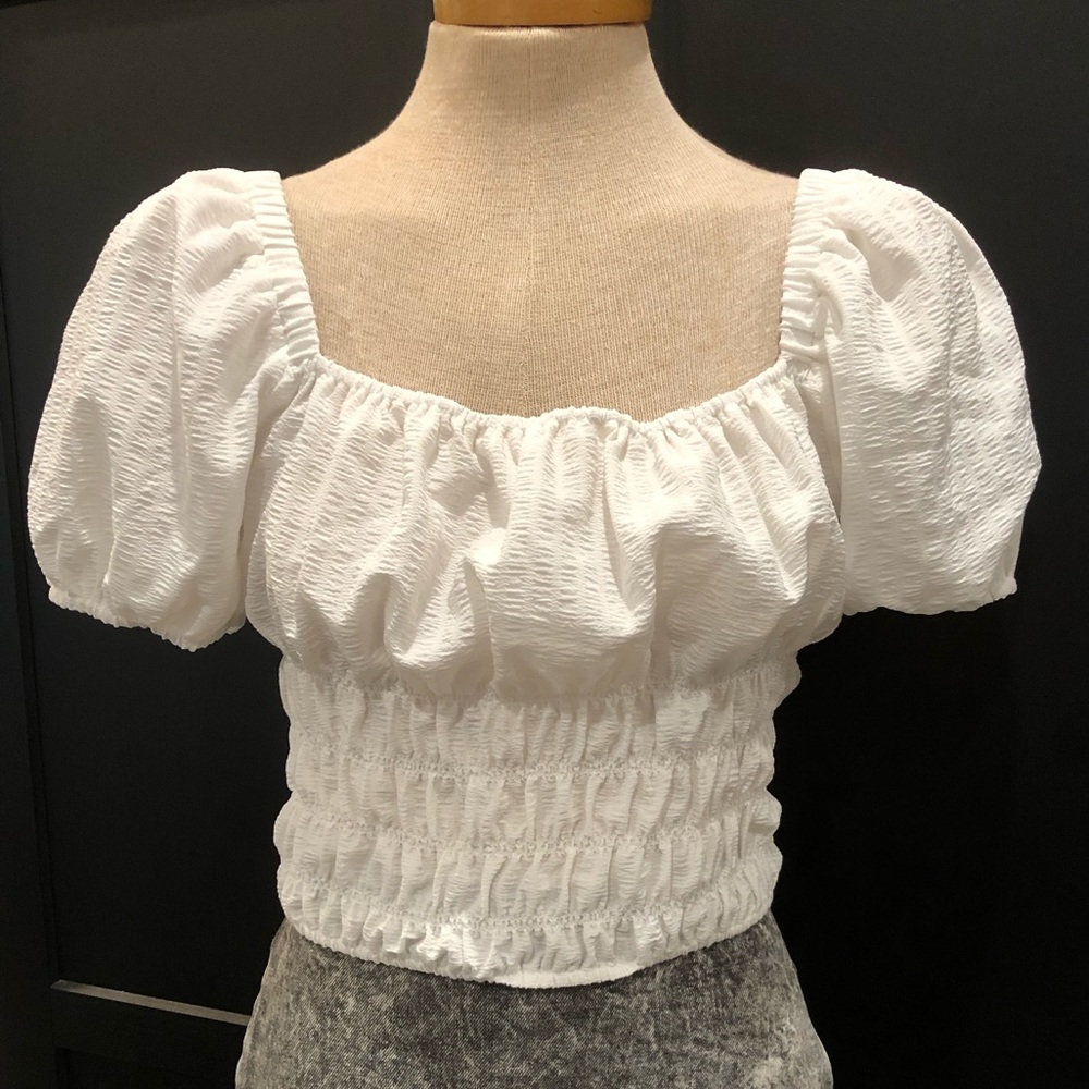 Elodie Medium Shirred Top, On or Off Shoulder, Puff Sleeves, White, Boho Peasant
